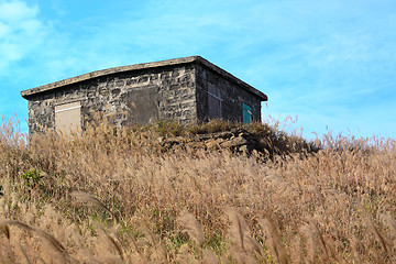 Image showing old stone house with grass on the mountain 