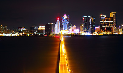 Image showing Macao cityscape with famous landmark of casino skyscraper and br