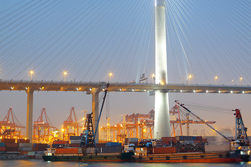 Image showing container terminal and stonecutter bridge in Hong Kong 