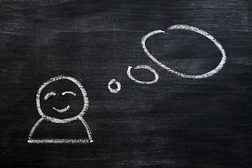 Image showing Blank speech bubble with a man figure drawn on a blackboard background