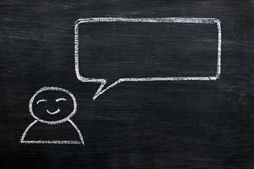 Image showing Blank speech bubble with a man figure drawn on a blackboard background