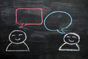 Image showing Blank speech bubbles with cartoon figures drawn on a blackboard background