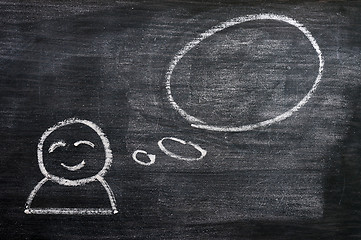Image showing Blank speech bubble with a man figure drawn on a blackboard background