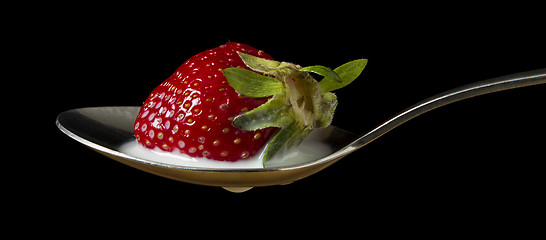 Image showing red, ripe strawberry falling in spoon with milk