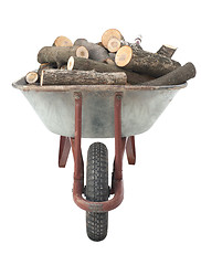 Image showing Firewood in old wheelbarrow