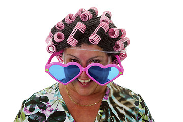 Image showing Female senior with funny wig 