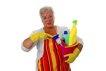 Image showing Female senior with  cleaning utensils 