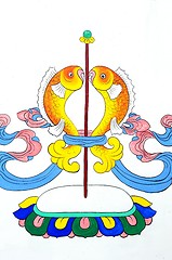 Image showing Ancient Tibetan wall painting art of golden fish