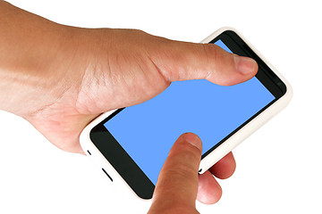 Image showing Mobile phone with blank screen in a man's hand. 