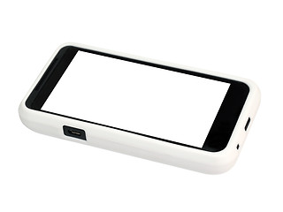 Image showing Mobile phone in a white cover with a blank screen. 