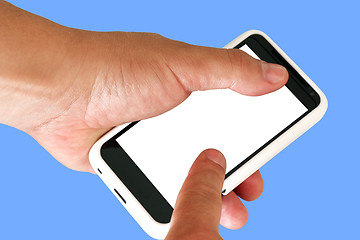 Image showing Mobile phone with blank screen in a man's hand. 