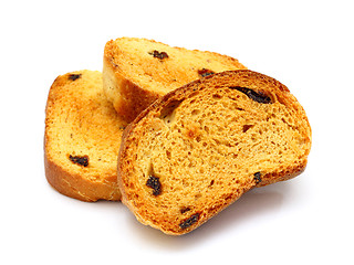 Image showing group of sweet tasty rusks with raisins isolated on white backgr