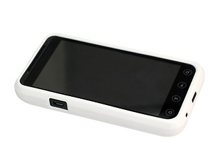 Image showing Mobile phone in a white cover with a blank screen. 