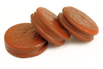 Image showing Stack of three chocolate cream  cookies 