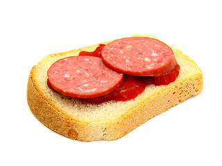 Image showing Healthy sandwich with Ketchup sausage r on a white background