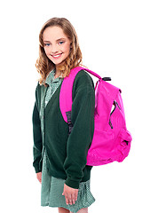 Image showing School girl carrying bag on shoulders