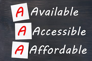 Image showing Acronym of AAA - available, accessible. affordable written on a blackboard 