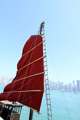 Image showing Junk boat flag along the harbour in Hong Kong