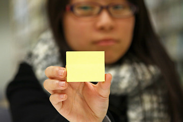 Image showing Asian student with yellow memo paper