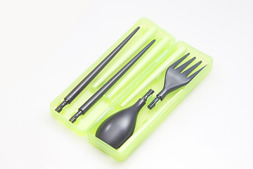 Image showing Environmental friendly utensils: chopsticks, spoon, fork. 