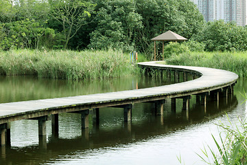 Image showing A wooden path in wetland park