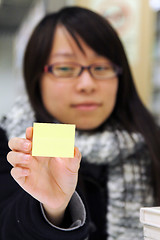 Image showing Asian student with yellow memo paper