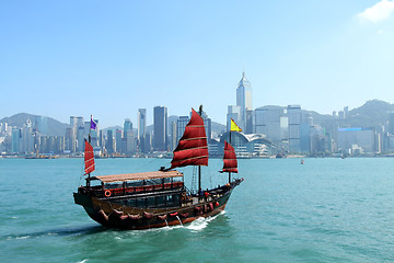 Image showing Junk boat along Victoria Harbour in Hong Kong