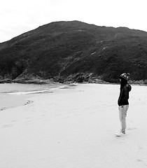 Image showing Asian woman thinking in black and white toned