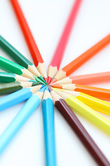 Image showing Color pencils in arrange in color wheel colors on white backgrou