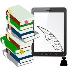 Image showing Tablet PC computer with a pen and ink with books