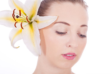 Image showing young beautiful woman portrait with white flower