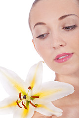 Image showing young beautiful woman portrait with white flower