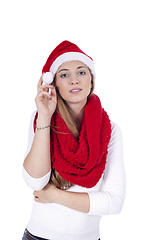 Image showing young beautiful woman with red scarf and christmas hat