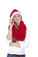 Image showing young beautiful woman with red scarf and christmas hat