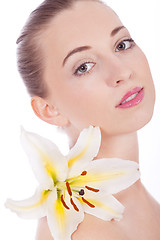 Image showing young beautiful woman portrait with white flower