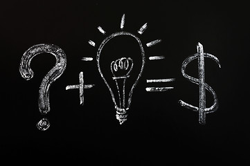 Image showing Conceptual idea of light bulb drawn on black chalkboard 