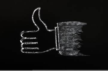 Image showing Chalk drawing of thumb up sign on blackboard background