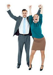 Image showing Excited business people celebrating success