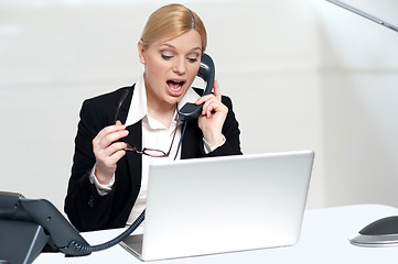 Image showing Woman trying to convince client over the phone