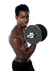 Image showing Muscular african guy doing biceps exercise