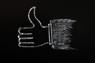 Image showing Chalk drawing of thumb up sign on blackboard background