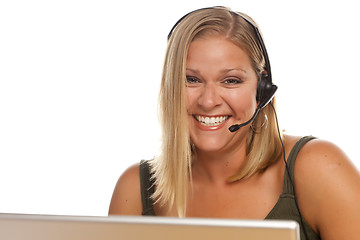 Image showing Beautiful Friendly Customer Support Girl and Computer