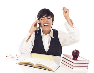 Image showing Excited Mixed Race Female Student on Cell Phone Cheers