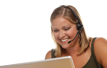 Image showing Beautiful Friendly Customer Support Girl and Computer