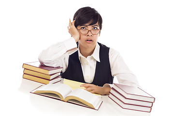 Image showing Bored Mixed Race Female Student at Desk with Books