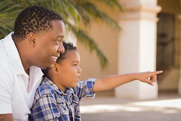 Image showing Mixed Race Father and Son Pointing in the Park