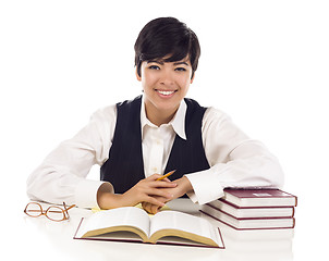 Image showing Smiling Mixed Race Female Student with Books Isolated