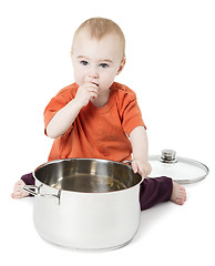 Image showing baby with big cooking pot