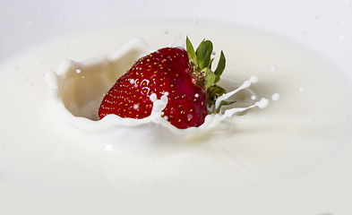Image showing strawberry falling in milk