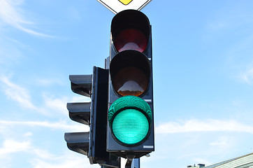 Image showing Green color traffic light blue sky in background 